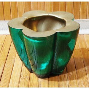 Vintage Modern Decorative Heavy Glass Bowl Shimmering Green / Gold Made In Spain